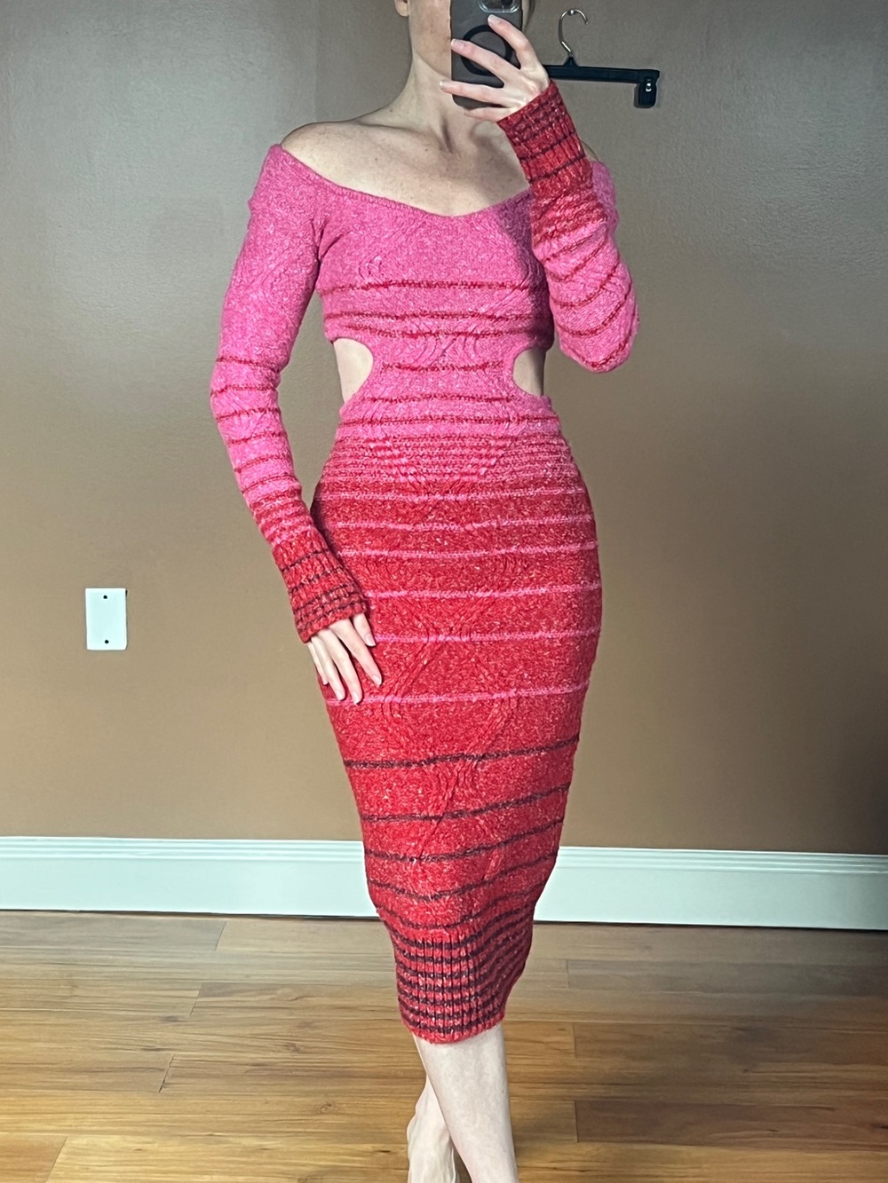 STAUD Pink and Red Ombre Knit Midi Dress with Cutouts